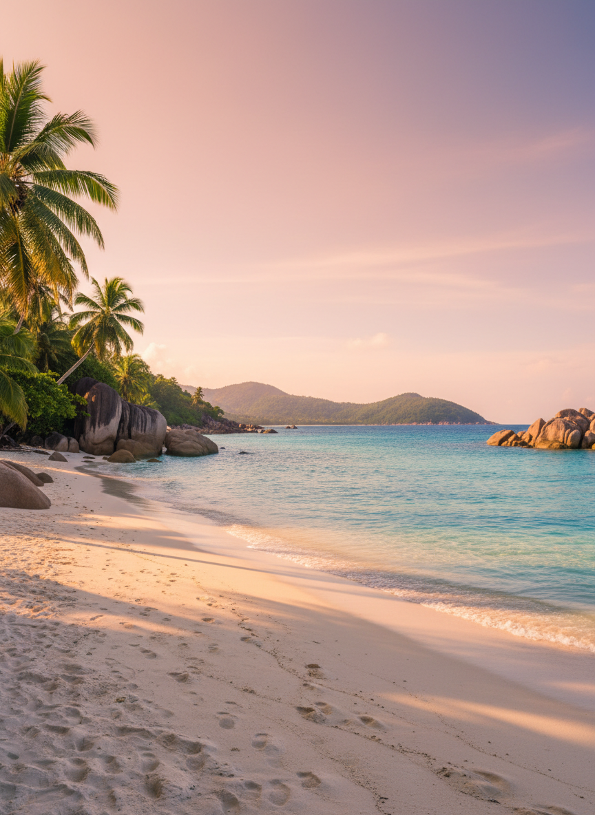 A wide panoramic view of a pristine tropical beach, with ultra-fine white sand leading to crystal-clear turquoise water that gradually deepens to a rich sapphire blue. Smooth, wave-worn rocks and lush green palm trees frame the shoreline, while distant forested hills rise softly on the horizon. Captured at golden hour with warm, low sunlight casting long, gentle shadows in the sand and subtle sparkles on the water’s surface. Photographic realism, eye-level composition with the shoreline placed along the lower third, sharp focus throughout to emphasize textures of sand, ripples, and foliage. The mood is calm, inspiring, and aspirational, perfect as a hero image for a professional travel guide site about dream destinations.